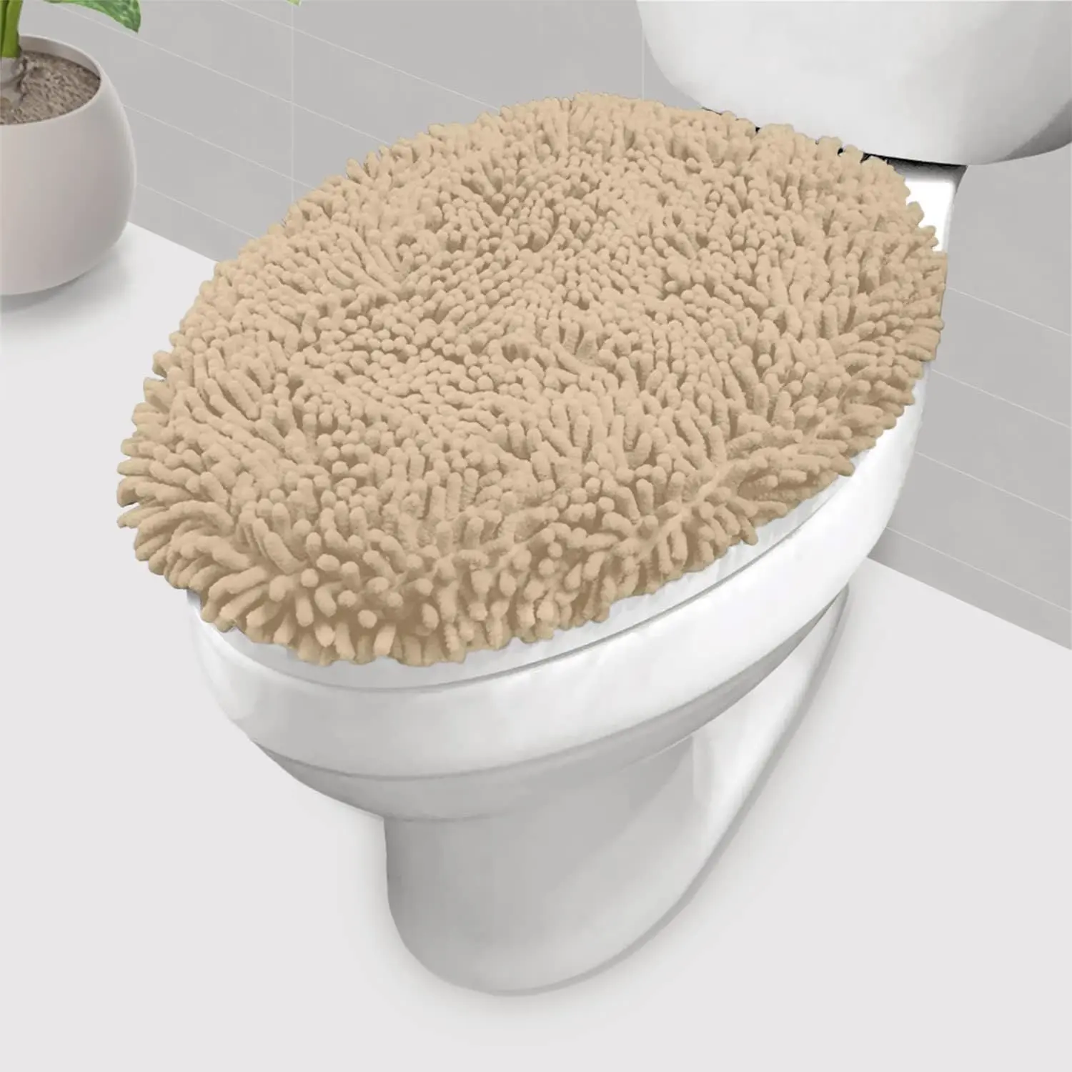 Microfiber Chenille Toilet Seat Cover with Elastic Band - Bathroom Accessory, Toilet Seat Protector, Non-Slip, Machine Washable & Dryer Safe, Plush Softness, 18x21 in, White Birch, Chenille Microfiber