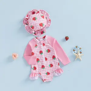 Infant Baby Girls Swimsuit Romper Long Sleeve Strawberry Plaid Print Rash Guard Bathing Suit with Hat Summer 3-24 Months