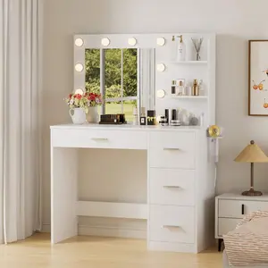 Vanity Desk With Mirror, Power Outlet And 10 Lights, Makeup Table With 4 Drawers, 3 Color Modes Available For Bedroom