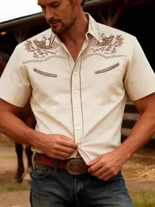 Men's Western Cowboy Print Short Sleeve Shirt, Vintage Floral Shoulder Patch Pearl Button Top, Summer American Country Style Casual Shirt