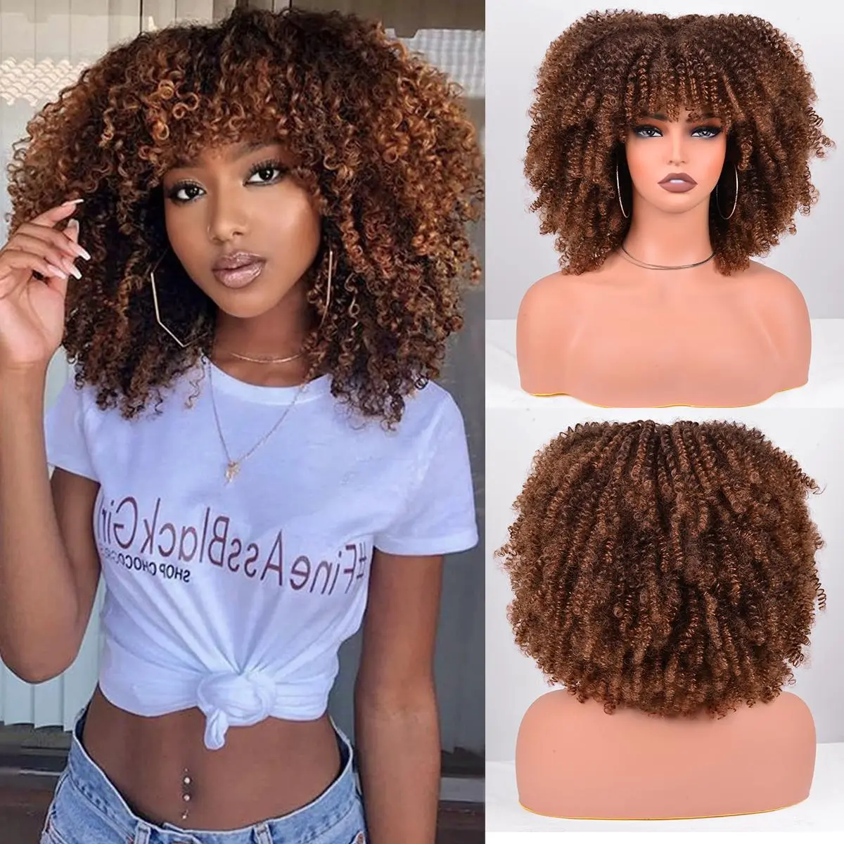FEILIMEI Kinky Curly Wigs for Black Women,12Inches Machine Made Wigs Afro Bomb Curly Wigs about 280g/Piece Natural Glueless Heat Resistant Synthetic African Wig