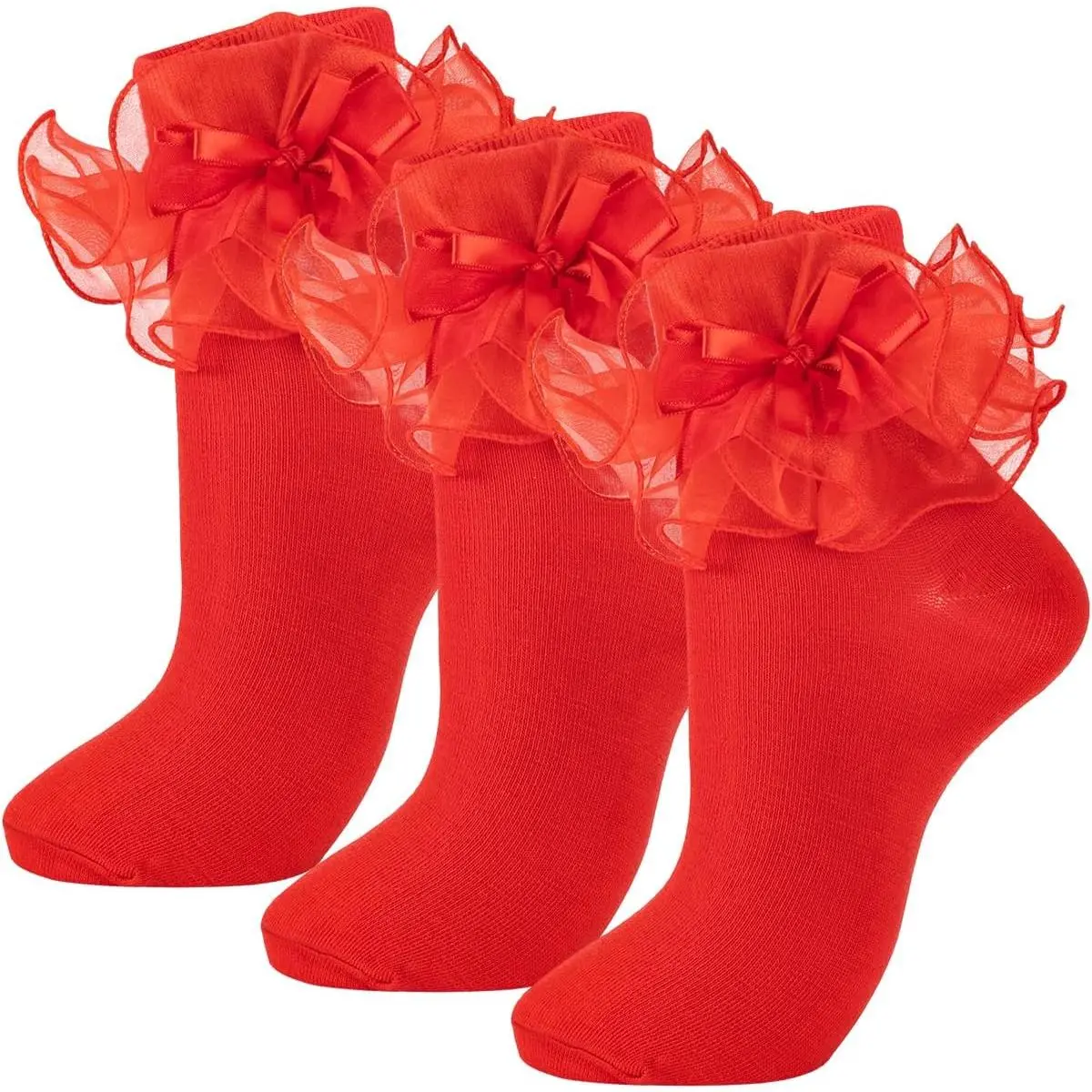 Women's Big Ruffle Socks Double Lace with Bows (Size 5-11, 3 Pairs)