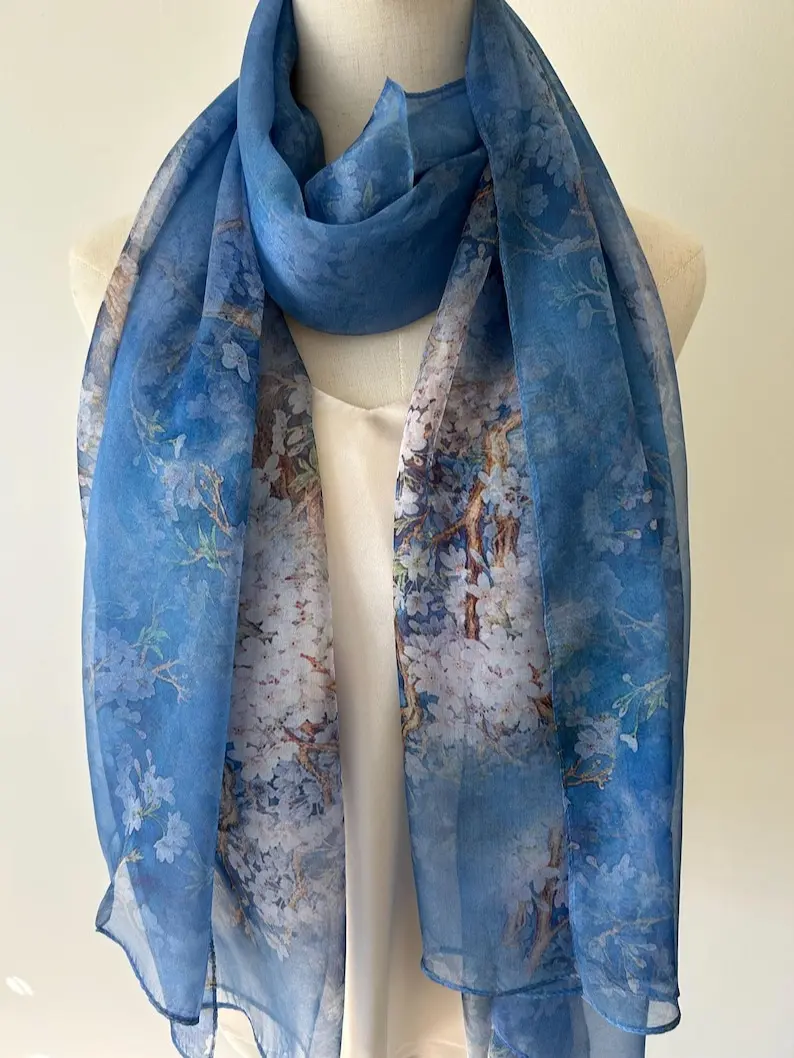 Mulberry Silk Chiffon Scarf: Blue Cherry Blossoms Floral Shawl 71"x43"