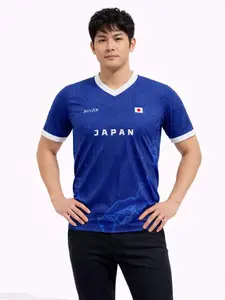 Japan Team Soccer Training Short Sleeve T-Shirt, Sports Tees, Blue Quick-Dry Fabric, All-Over Print Design, Ideal for Field Games & Group Activities