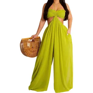 Women's Sexy Off Shoulder Drawstring Waist Baggy Wide Leg Pants Jumpsuit Long Romper with Pockets