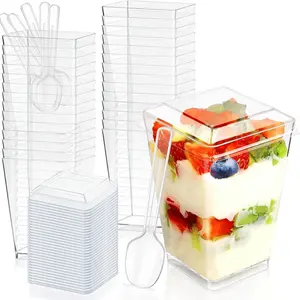 30Pcs Disposable Square Dessert Cups Pudding Cups, Round Stemmed Mousse Cups Ice Cream Cups Parfait Cups, Clear Plastic Dessert Container for Party Wedding Birthday paper plates