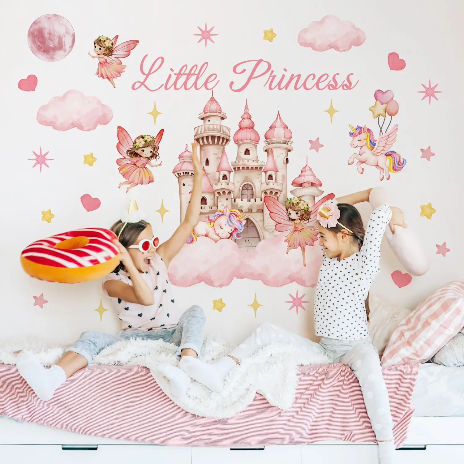 3Pcs 30x90cm Cartoon Pink Elf Castle 2D Matte Decorative Wall Sticker Wall Decal for Home Decoration Bedroom Decor Wall Stickers Decor