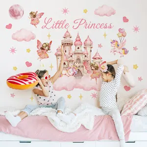 3Pcs 30x90cm Cartoon Pink Elf Castle 2D Matte Wall Sticker for Home Decoration