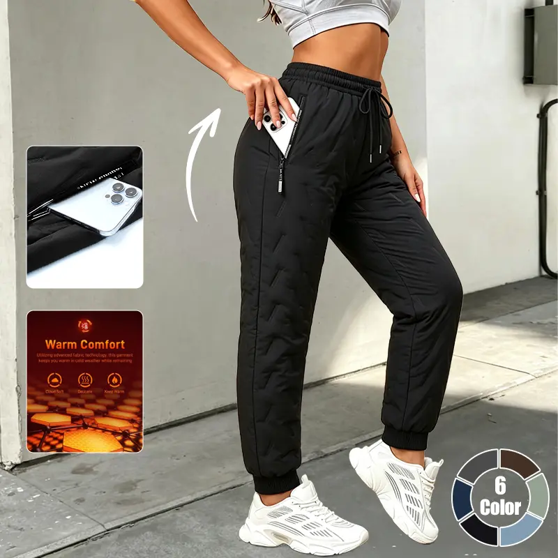 Women’s warm fleece-lined compression sweatpants with windproof cuffs; drawstring outdoor sweatpants with zippered phone pocket; windproof outer fabric; wrinkle-resistant, soft, stretchy; ideal for winter outdoor hiking.