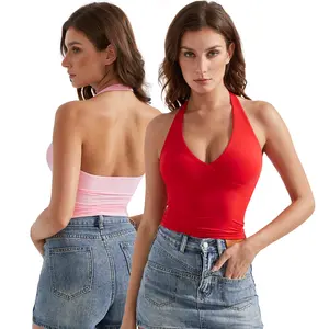 OMKAGI Womens Tank Tops Sexy Halter V Neck Going Out Tops Sleeveless Y2K Crop Top