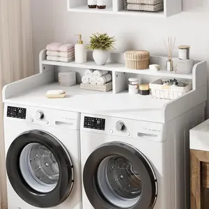 54" Washer Dryer Countertop with 2-Tier Shelf, Wooden Laundry Countertop with Non-Slip Pad and Guard Rails, Washer and Dryer Topper for Laundry Room Organization