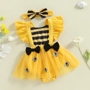 Infant Baby Girl 2 Piece Outfit Sleeveless Bee Themed Striped Tulle Romper Dress Bow Headband Spring Summer Set 0-18 Months