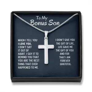 Stepson Necklace, To My Bonus Son Men’s Cross Necklace Gift, Stepson Gift, Bonus Son Gift, Present For Son In Law
