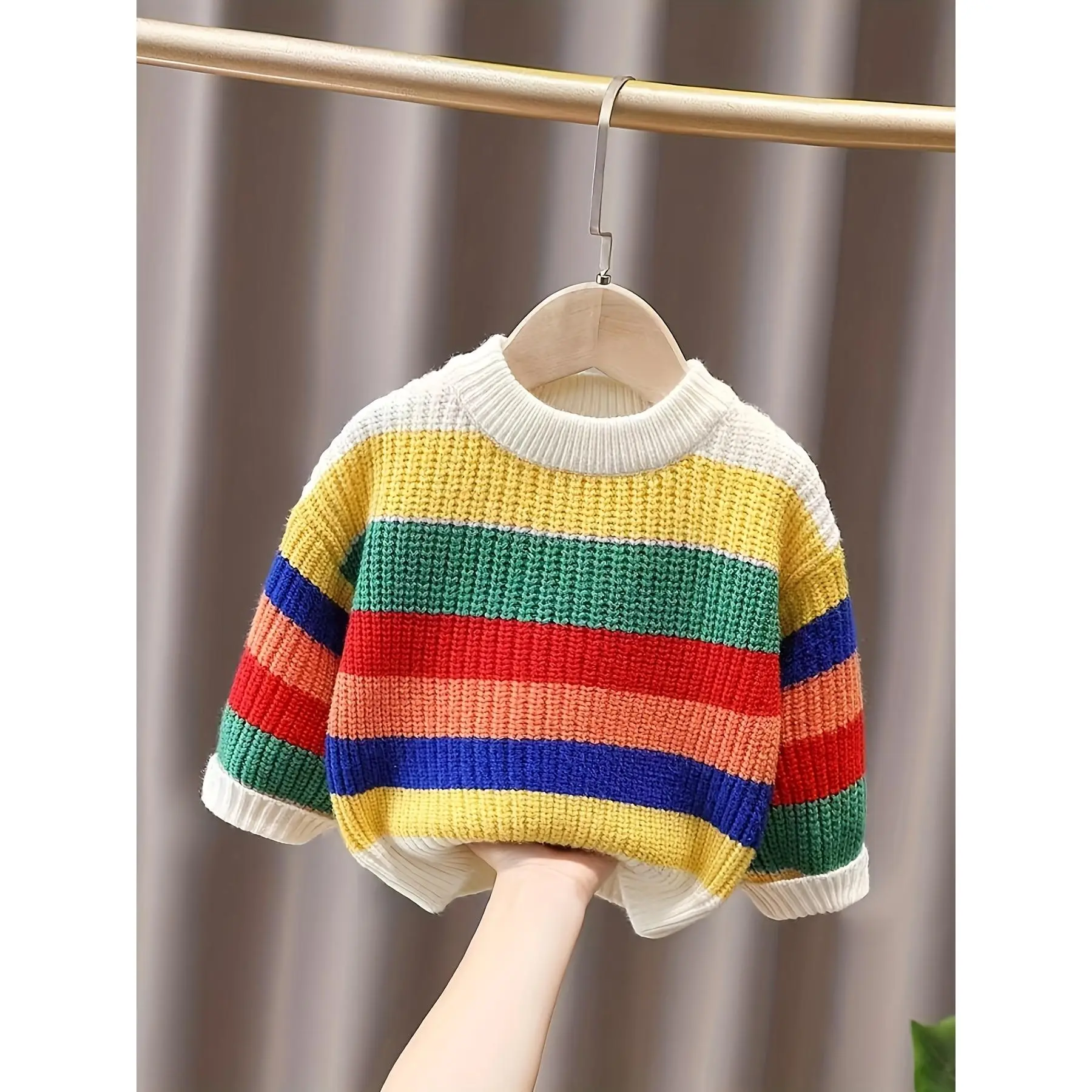 Kids' Rainbow Striped Sweater, Child-Sized Thick Knit Pullover, Loose Fit Round Neck Winter Top for Boys & Girls, Child-Sized Boys' Sweaters, Colorful Boys' Sweaters