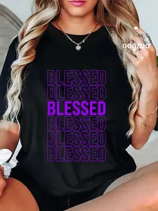 100% Cotton Purple Blessed Purple Graphic T-Shirt Christ Christian Tops Casual Graphic Printed Tee