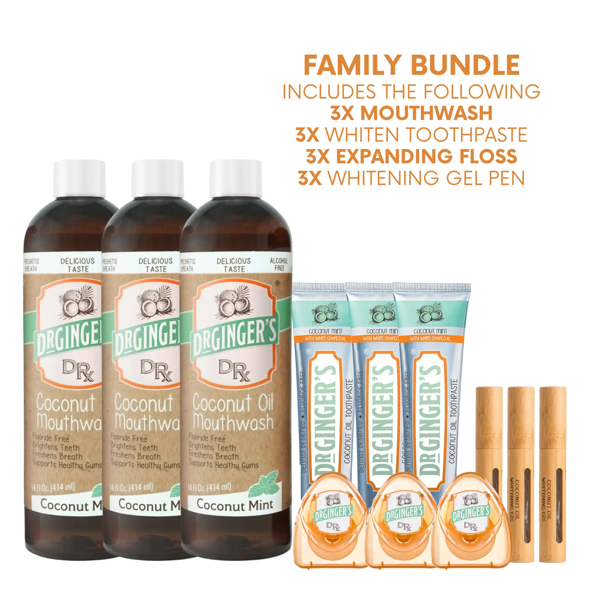 Dr. Ginger's Radiant Smile Family Kit: 3 Whitening mouthwash 3 Whitening Toothpastes 3 Oil Pulling Flosses 3 Whitening Pens Oral w Organic Coconut Oil Minty Fresh
