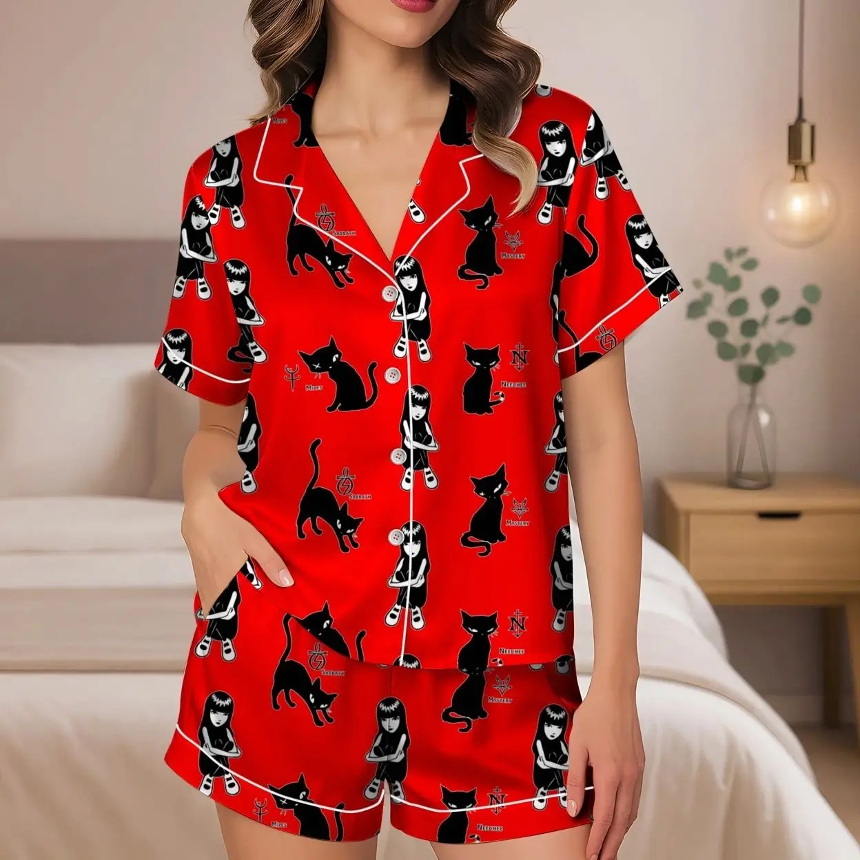 Black Cat Gothic Girl Red Pajama Set, Cute Spooky Satin Sleepwear, Halloween Nightwear Gift for Her
