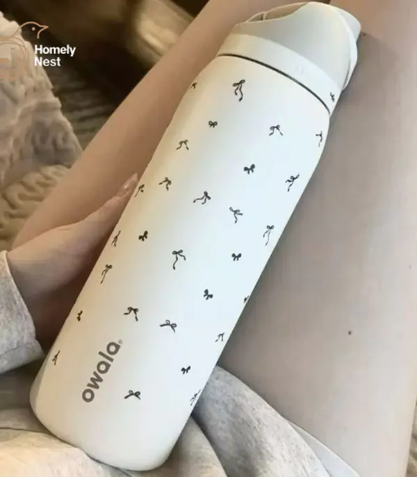Owala 24oz Tumbler White Mini Bow Design – Cute Kawaii Insulated Stainless Steel Travel Cup, Aesthetic Water Bottle Gift, Leakproof Tumbler for Daily Use
