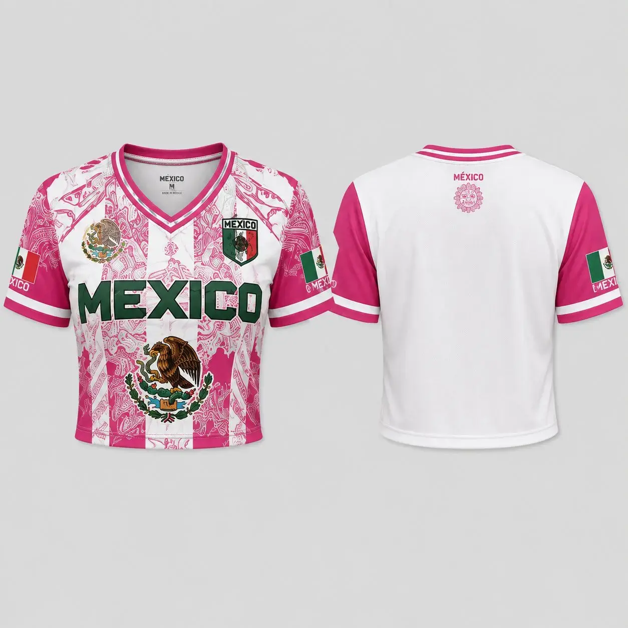 Pink Women's Mexico Cropped Jersey Shirt, Pink White Mexican Flag Soccer Style Top, V Neck Short Sleeve Fan Jersey, Aztec Pattern Eagle Emblem Fiesta Outfit, Cinco de Mayo Mexico Pride Sports Tee, Summer Streetwear Game Day Gift for Women Girls Fans
