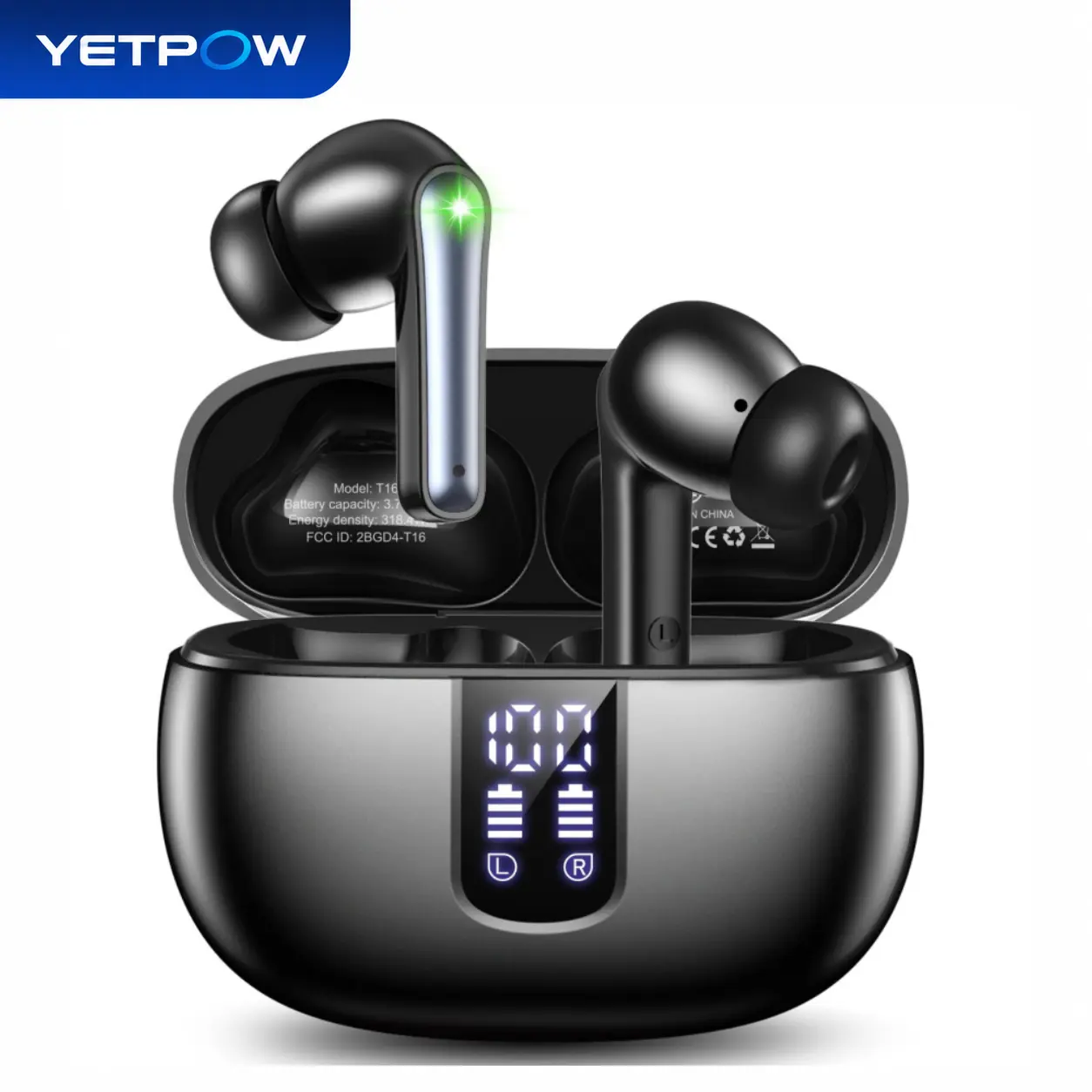 YETPOW In Ear Wireless Bluetooth 5.4 Earbuds, Earbuds Wireless with 48H Playback, LED Display Charging Case, Built-in Mic, IPX7 Rated Waterproof Stereo Audio, Noise Cancellation, Voice Control for iPhone Android Sports