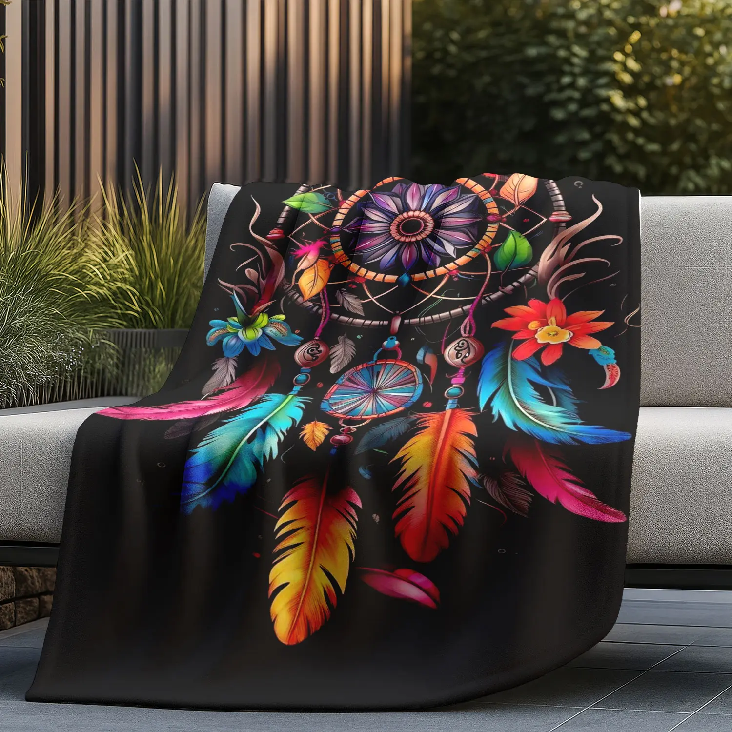 Colorful Feather Dreamcatcher Pattern Blanket, Skin-Friendly Velvet Throw, Ethnic Style Bedding, Soft and Cozy, Perfect for Home Decor
