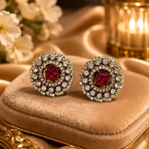 Stunning Moissanite AD Stud Earrings, Magenta Color