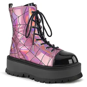 Demonia Slacker-88 Pink Hologram-Black Patent Ankle Boots