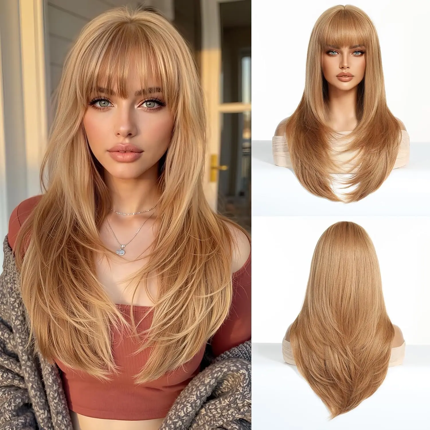 Long Straight Layered Wig with Bangs for Women 24 inch Put on Go Realistic Synthetic Fiber Heat Resistant Natural Wig Longhair for Girls Party Cosplay and Daily Use
