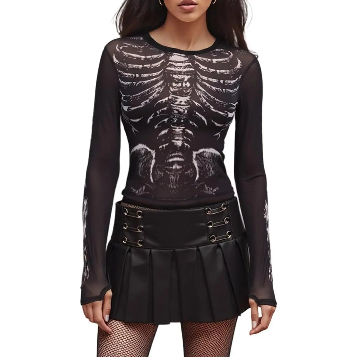 Women Skeleton Print Mesh Shirt Gothic Graphic See Through Long Sleeve Crop Tee Blouse Slim Fit Sheer Top Party