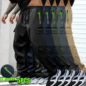 Men’s 5-pack cargo pants for spring/autumn, featuring a green colorway and zippered pockets; stylish design with large patch pockets and a drawstring elastic waistband. , hiking, and everyday wear. skin-friendly smooth soft fabric suitable