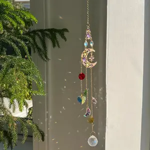 Crystal Sun Catcher Window Hanging, Crystal Wind Chime, Indoor Outdoor Decoration, Hanging Prism Sun Catcher for Garden Wedding Party Moon Design