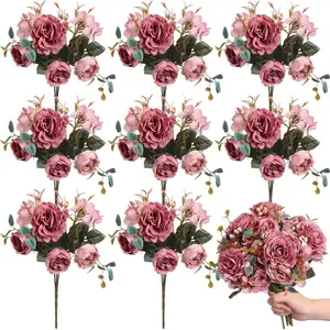 8 Packs Artificial Peony Flowers Faux Silk Hydrangea Bouquet Vintage Wedding Home Table for Door Reusable Bouquet of Rose Flowers for Valentine Wedding Birthday(Dark Pink)