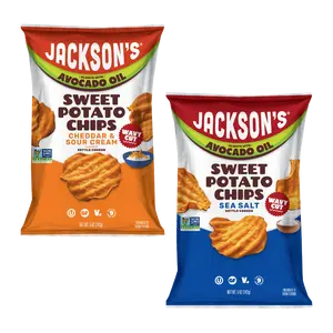 Jackson's Wavy Sweet Potato Chips Variety Pack | Avocado Oil, Allergen-Free, Gluten-Free | Sea Salt + Cheddar & Sour Cream | 8-Pack (5oz bags)