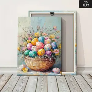 Retro Farmhouse Flat Wood Framed Wall Art - Macaron Series Easter Egg Floral Decor, Direct-Hang Artistic Print Decoration for Kitchen, Living Room (Pink, Yellow, Green, Brown)