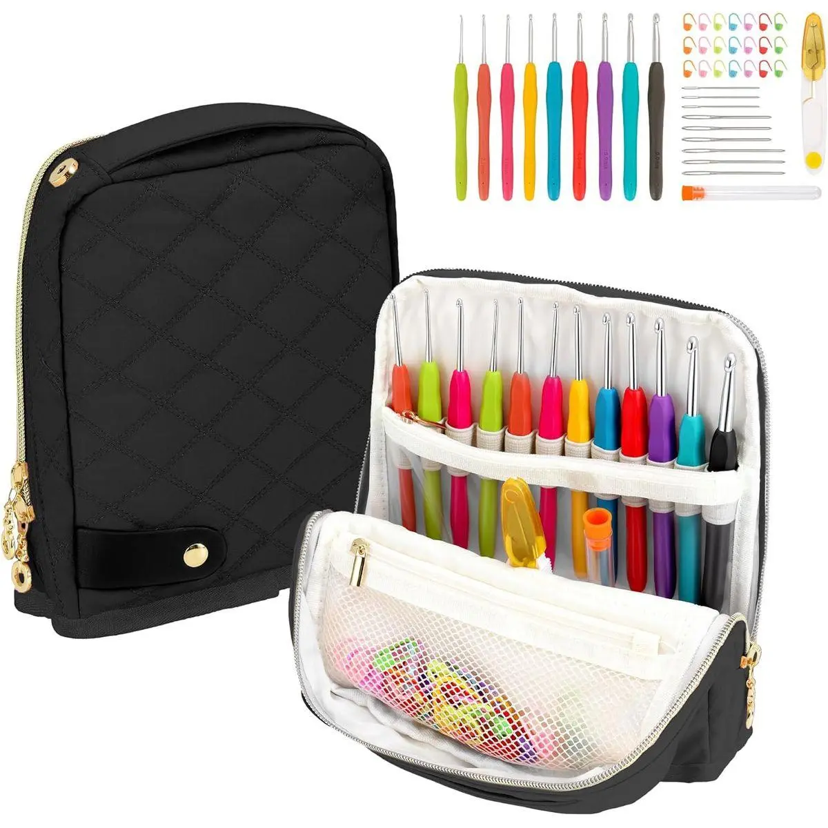 Stand-Up Crochet Hook Case Organizer, Travel Craft Holder with Phone Pocket, Quilted Bag with 9 Hooks, Needles & Scissors, Gift for Crochet Lovers – Black