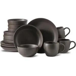Dinnerware Sets, Stoneware Plates and Bowls Sets, Farmhouse 16 count Dish Set for 4, Ceramic Plates Set with Mugs for Kitchen, Scratch Resistant, Dishwasher & Microwave Safe, Matte Black