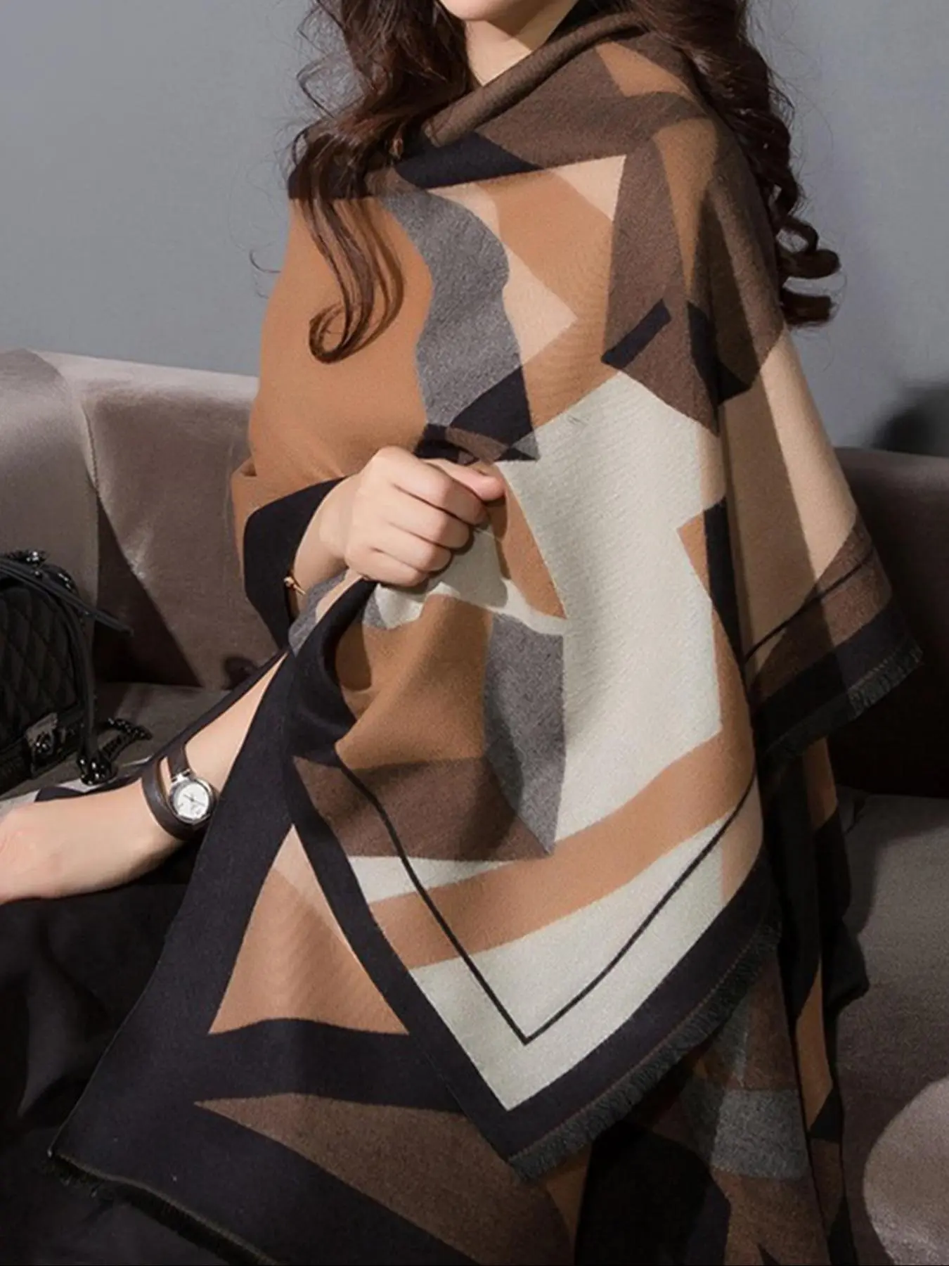 Women's Unique Geometric Print Pashmina Fashion Shawl Wrap, Casual Soft Warm Slight Stretch Long Length Scarf for Fall & Winter, Fashion Accessories for Daily Wear