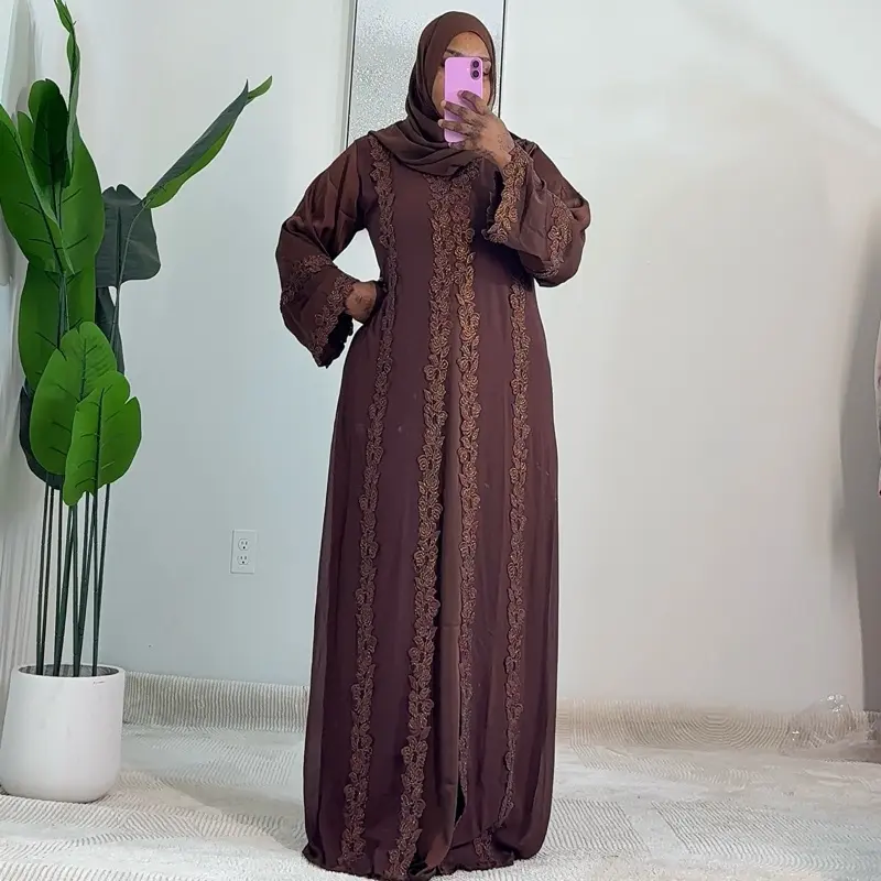 Women's Lace Abaya - Full-Length Muslim Fashion Modest Dress, Elegant Lace Detailing, Modest Women Clothing, Clothes