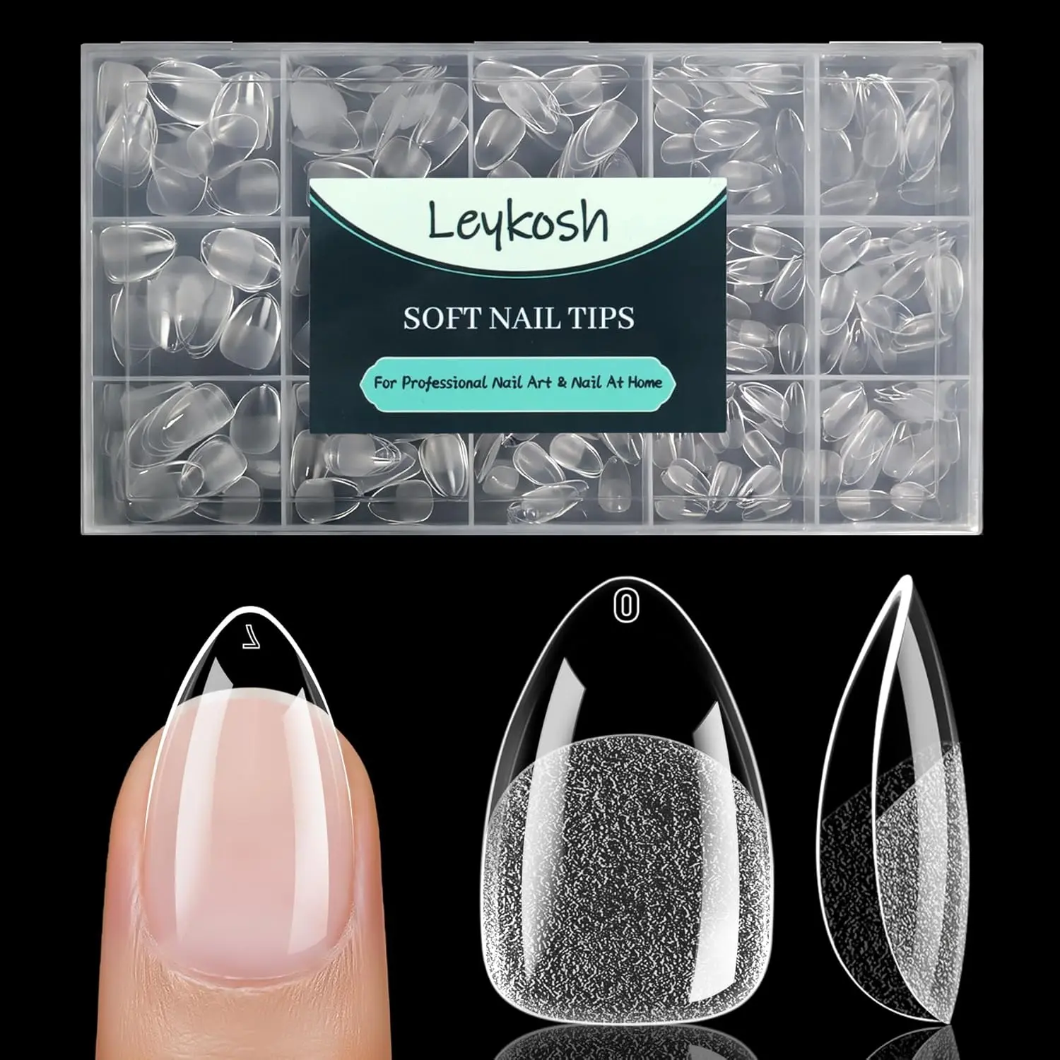 Leykosh Short Almond Nail Tips, 15 Sizes 330 PCS Clear Gel Tips | 330 PCS clear short almond tips with half-matte full cover and no C curve for home manicures or salon sets.