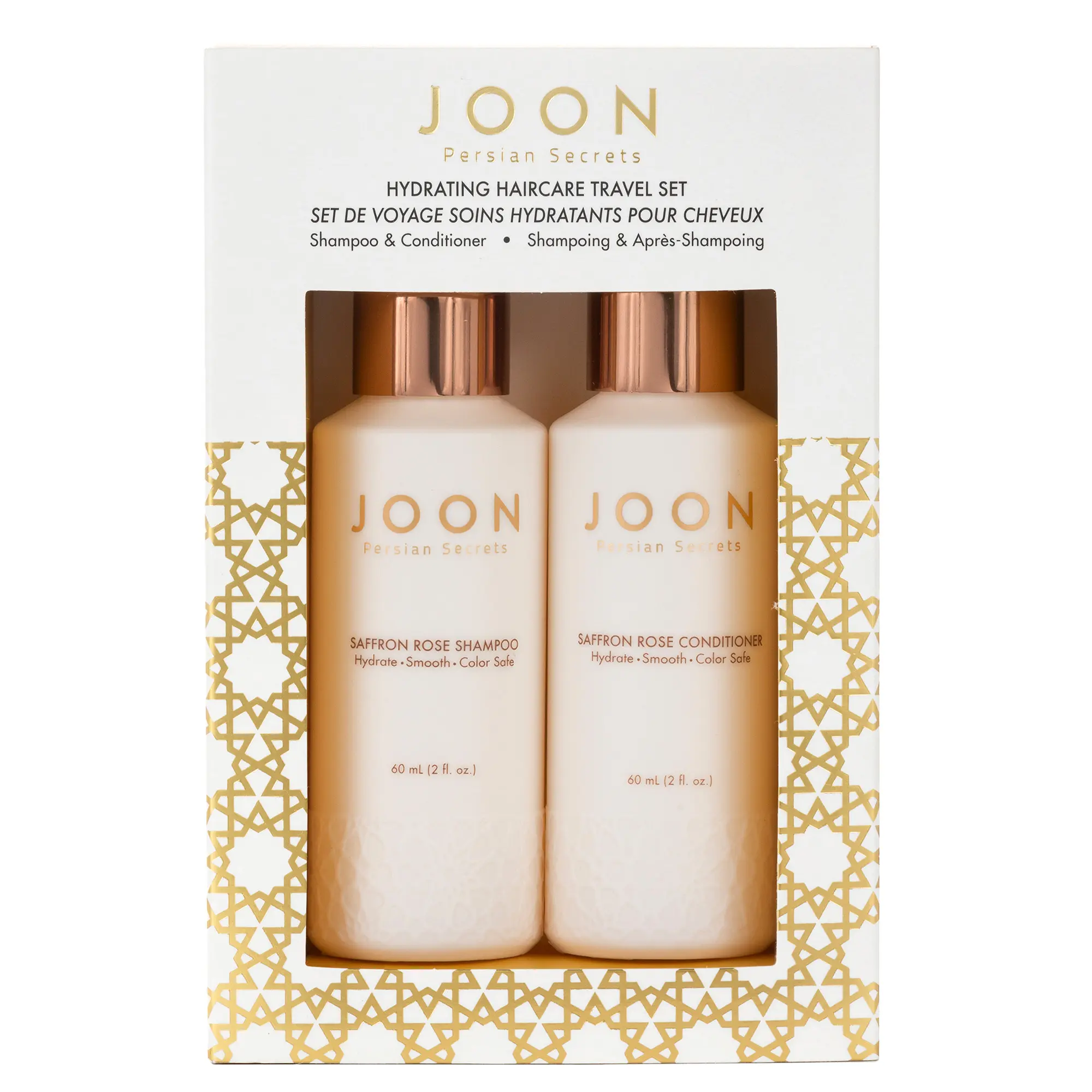 JOON Hydrating Haircare Travel Set - 2 fl.oz Cleanser Shampoo, 2 fl.oz Conditioner, Saffron-Rose-Pistachio & Pomegranate Keratin Blend for Hair Repair, Smoothing, Restoration, Anti-Frizz