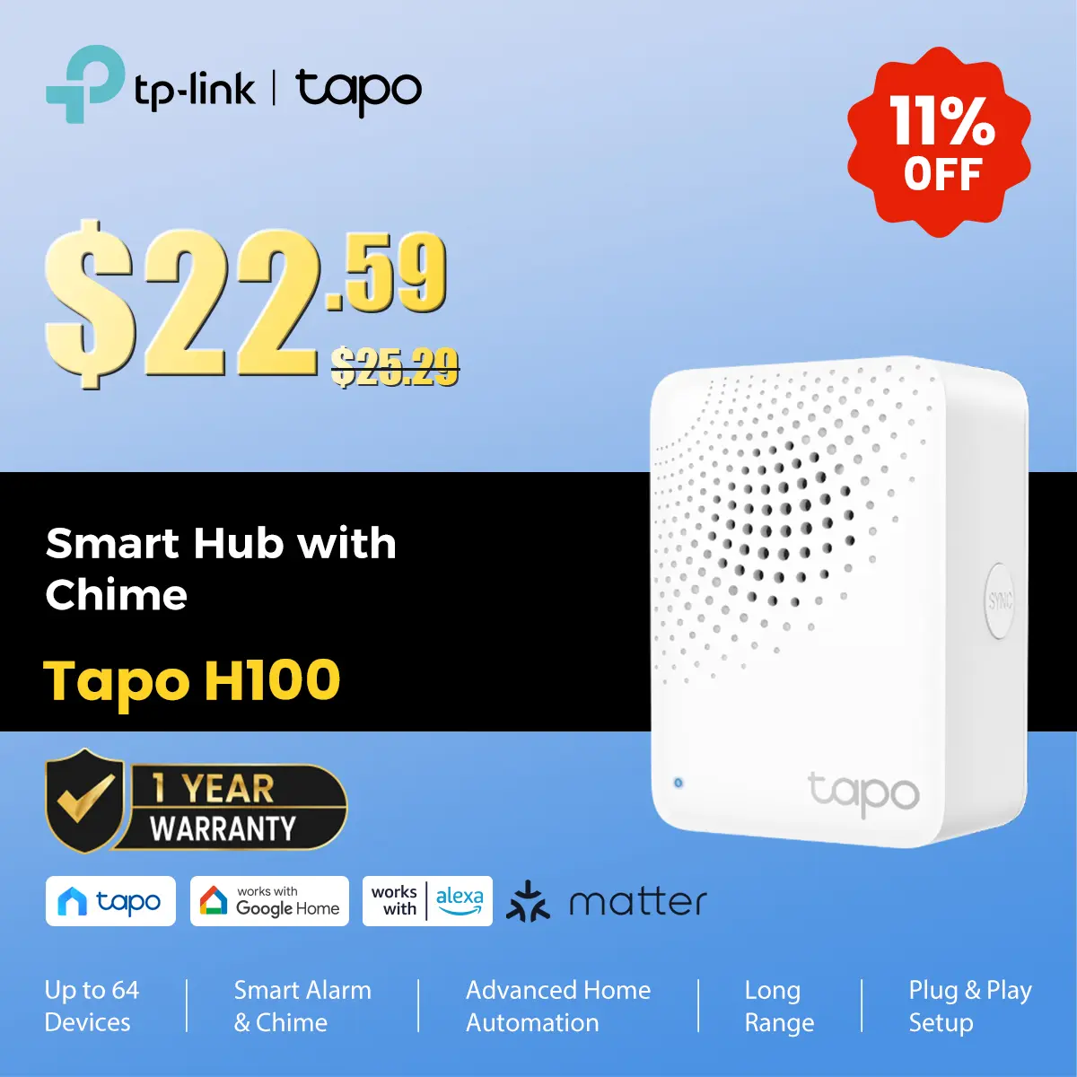 TP-Link & Tapo H100 Smart Hub + Chime – 1 500 ft Long-Range, 64-Device Controller, 19-Ring Doorbell System, 90 dB Alarm, Ultra-Low-Power Sub-G, Works with Tapo Sensors, No Subscription Wireless  #SummerWins #DealsForYouDays