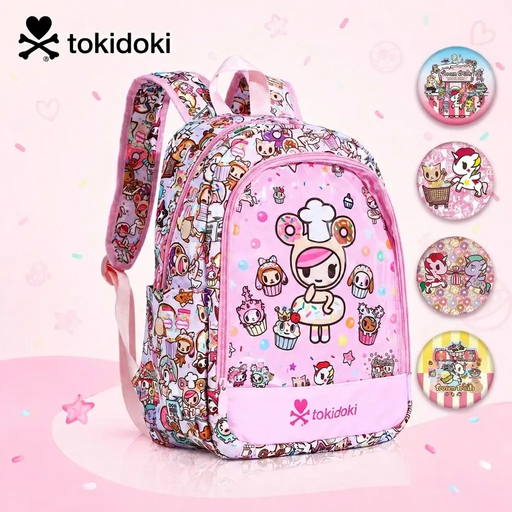 Tokidoki Ita Bag Backpack, Officially Licensed Clear PVC Pin Display Pocket with 4 Bonus Brooches, Cute Large School Bookbag with Multiple Pockets for College, Travel & Everyday Use (Sweetshop)