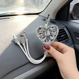 3-in-1 Retractable Rhinestone Car Charging Cable, Sparkly Crystal Car Accessory, Fast Multi Device Charger for iPhone Android, Perfect for Road Trip & Daily Drive