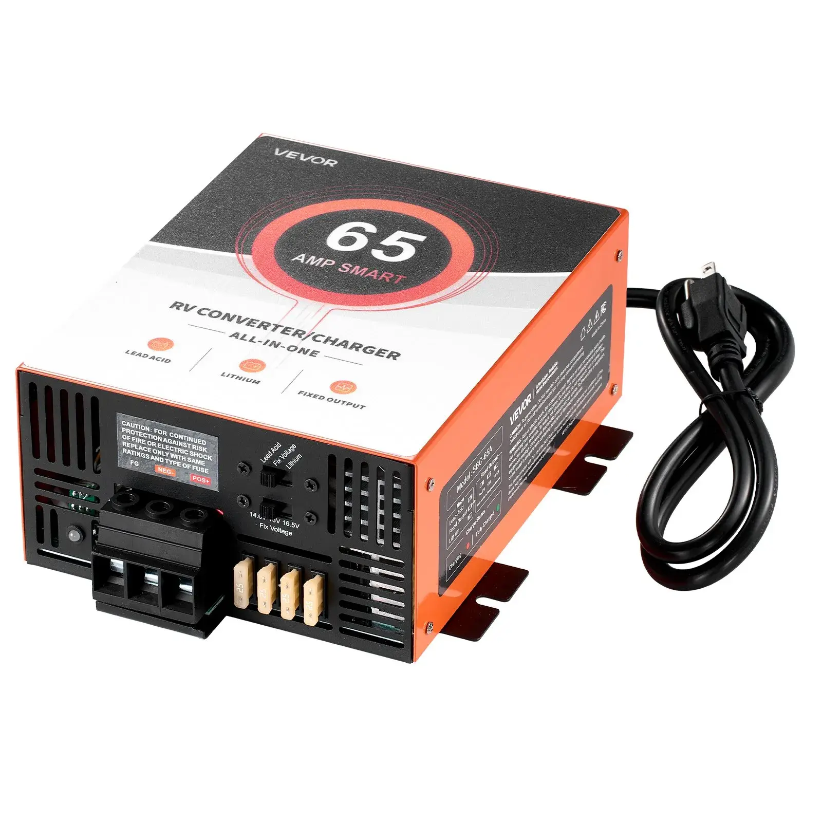 VEVOR RV Power Converter Smart Battery Charger, 35A/45A/55A/65A/80A/100A, 110V/120V AC to 12V DC, 65A High Performance, Multi-Stage Smart Charging, 13V-16.5V Operating Range, for Campers & Lithium/Lead Acid/LiFePO4 Batteries