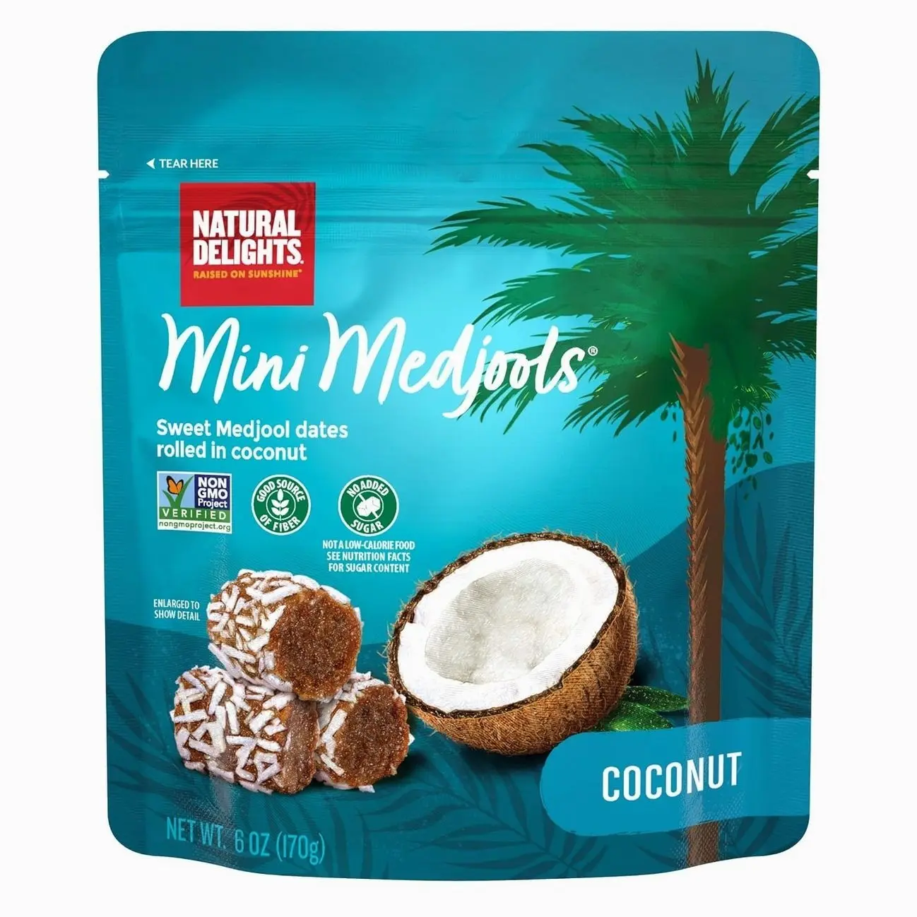 Natural Delights Medjool Dates - Coconut Mini Medjools, Non-GMO Verified, Mini Date Bites, Healthy Date Snack, Good Source of Fiber, Naturally Sweet, On the Go Snack - Coconut Mini Medjools, 6 oz Bag
