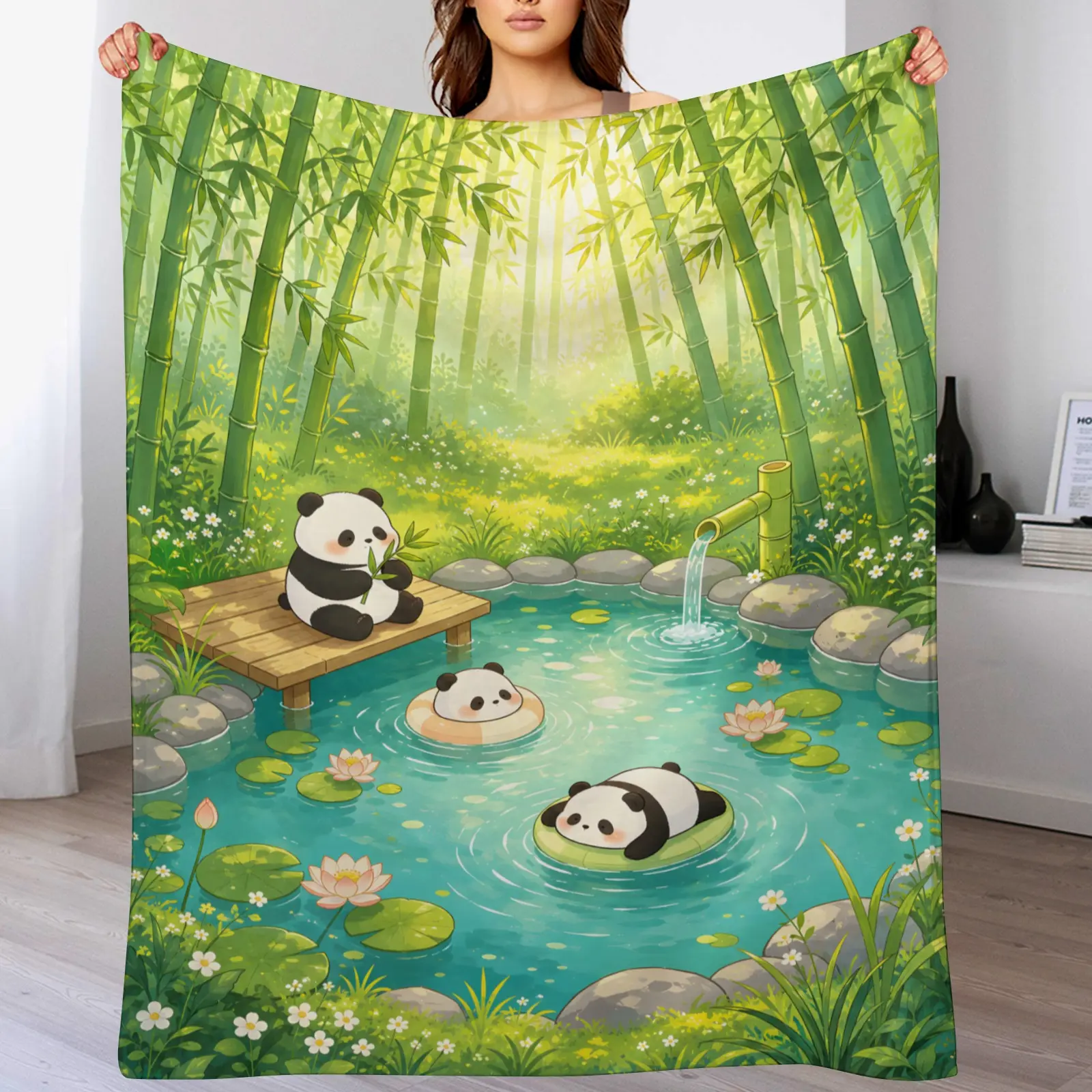 Cute Panda Bamboo Forest Flannel Throw Blanket, Peaceful Nature Garden Panda Print, Soft Cozy Blanket for Bedroom, Couch Decor & Animal Lover Gift