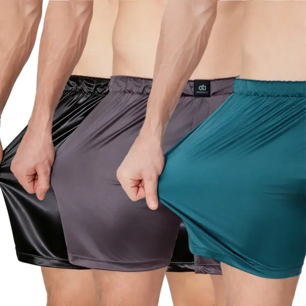 DAVID ARCHY Men's Satin Boxer Briefs (3-Pack: Dark Blue/Black/Dark Gray) - Silky Nylon-Spandex Menswear Underwear, Stretch Loose-Fit Plain Breathable Elastic for Daily Wear & Sleep