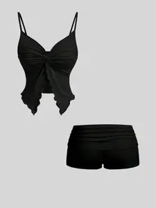 Women's Summer Sexy Crop Top Set, Adjustable Straps, Twist Front Design, Ruffled Hem Shorts, Two-Piece Fit for Casual Wear