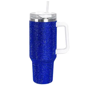 Cupcupmore 40 oz Sapphire Blue Bling Rhinestone Stainless Steel Sippy Tumbler Glitter Vacuum Insulated Thermal Water Bottle with Straw & Lid &Handle,Sparkle Car Cup Holder,Keeps Cold 12 Hours Drinks,Coffee