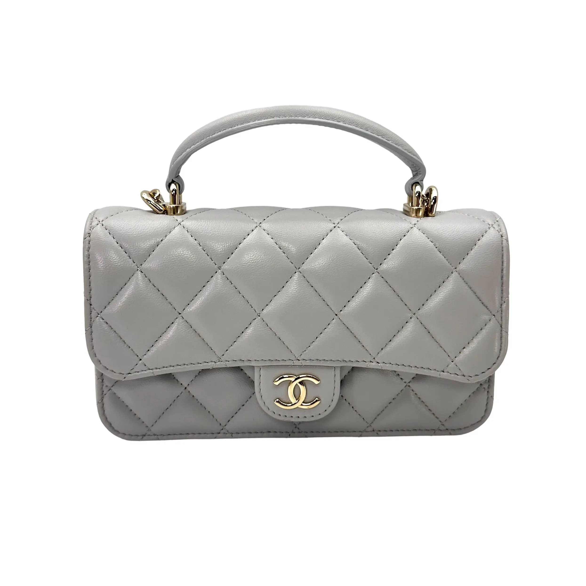 Pre-owned CHANEL Lambskin Crossbody Bags 24K Grey Quilted Top Handle Shoulder Bag(L9***56)CC2608